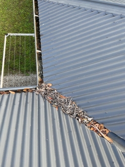 Insufficient fall on roof and excess debris to gutters
